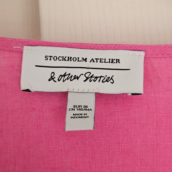 & Other Stories Stockholm Atelier Pink 100% Linen Wrap Mini Dress EUR 36 US 4 S - Picture 5 of 9